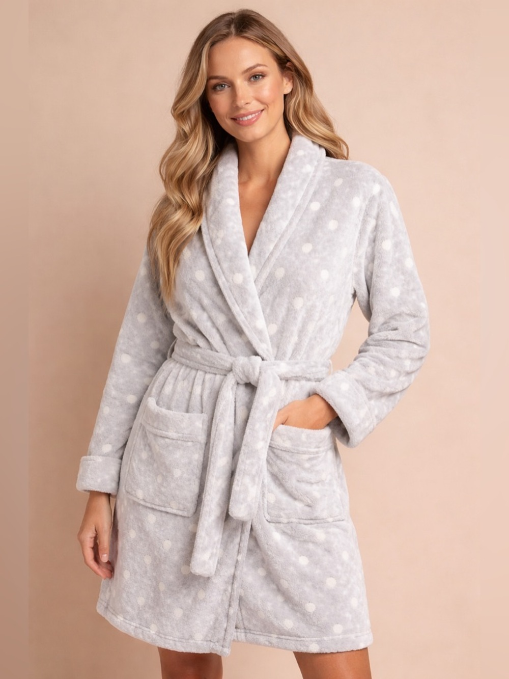 Sleep Sense Stay Cozy Plush Fleece Short Robe Gray Polka Dot Belted S Loungeโ